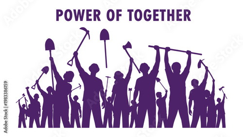 Unity in Action: A silhouette of a community group of people raise tools towards the sky, representing power of togetherness. A powerful illustration.