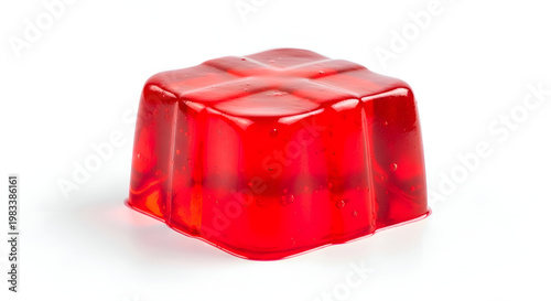 Red gelatin dessert on white background.