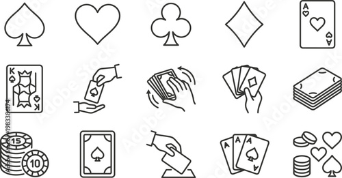 Playing cards and casino icons set outline vector illustration