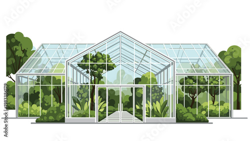 Large modern glass greenhouse structure stands filled with a variety of green trees and tropical plants under a soft blue sky.