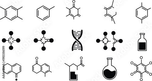 Chemistry icon set molecular structures lab equipment dna vector graphics for scientific applications