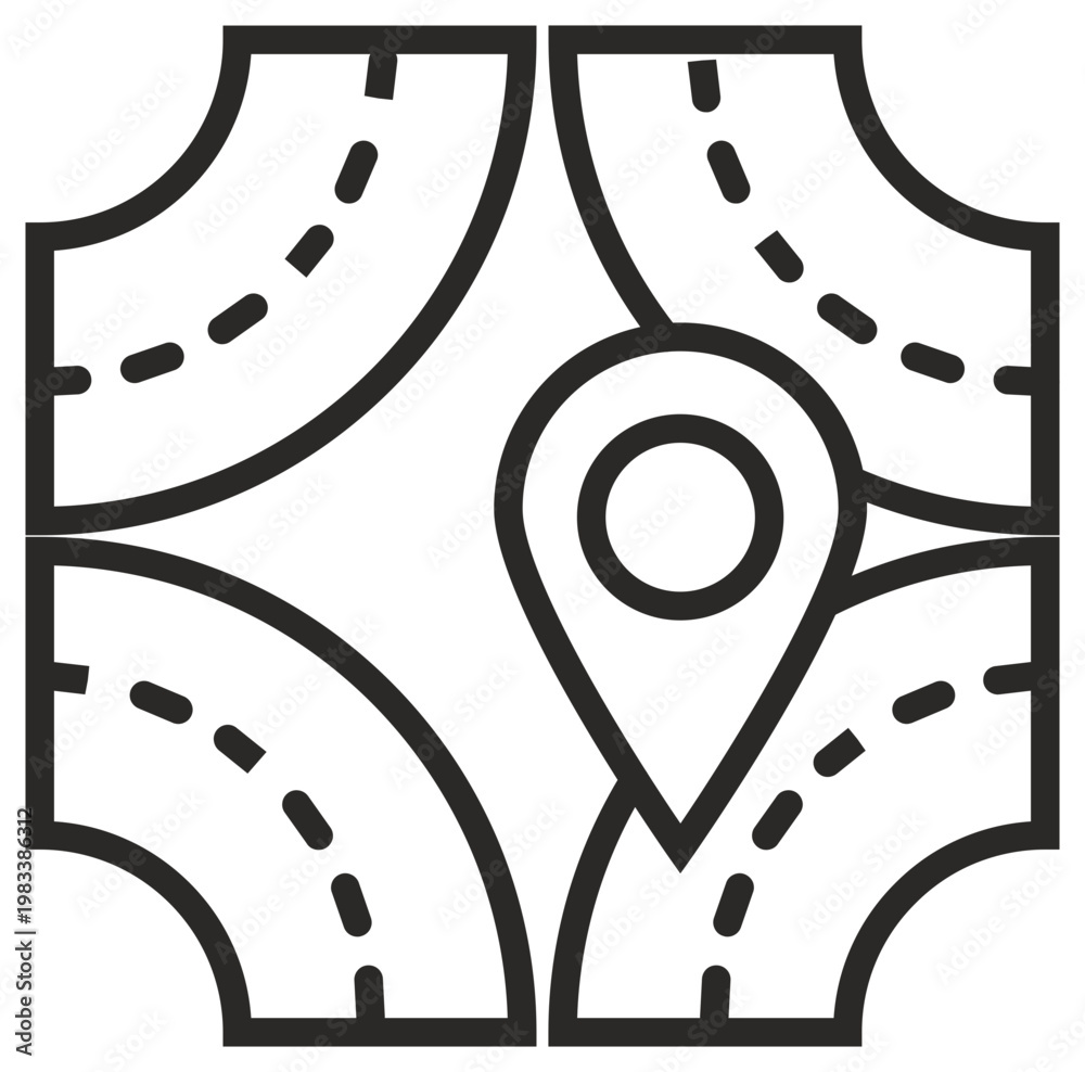 Obraz premium Black line art vector icon of a road crossroads or roundabout with a central location pin map marker, ideal for navigation, GPS tracking, travel apps, urban planning, and route mapping.