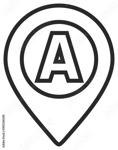 Minimalist black outline vector icon of a map pin location marker with the letter A inside a circle, isolated on a white background for navigation, GPS tracking, and travel destination symbols. Free Download Minimalist black outline vector icon of a map pin location marker with the letter A inside a circle, isolated on a white background for navigation, GPS tracking, and travel destination symbols. - GFXLoad