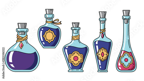 Various glass potion bottles are filled with mysterious purple and pink liquids, decorated with ornate gold labels and stoppers.