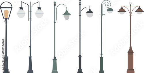 Vintage and Modern Street Lamp Collection Flat Vector Illustration