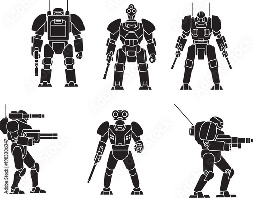 Set of military soldier robots and futuristic infantry mech silhouettes.