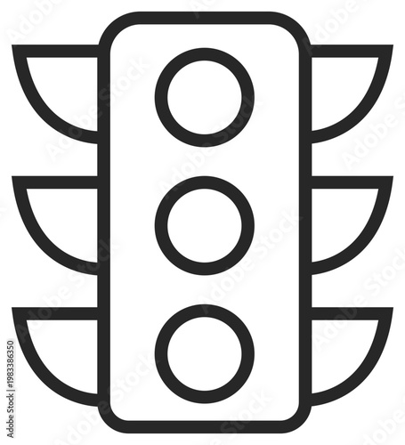 Minimalist black line vector icon of a traffic light with three signals and side visors, isolated on a white background. Ideal for transportation, road safety, and urban traffic control designs.