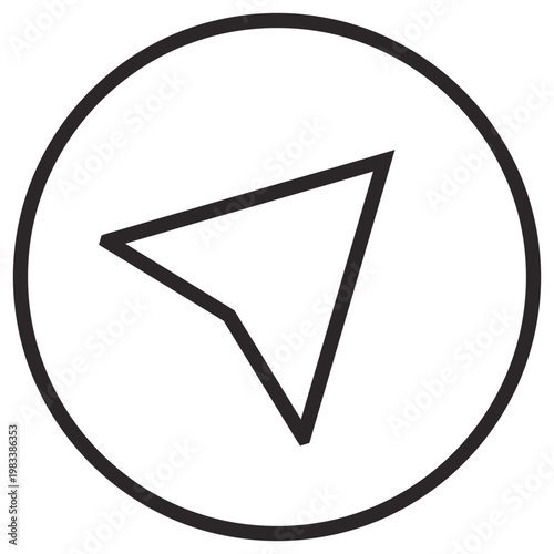 Black line art vector icon of a paper plane symbol inside a circular frame, representing sending messages, direct mail, communication, navigation, or launching a startup, minimalist design.