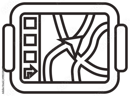 GPS navigation device icon, vector illustration of a digital map on a tablet screen with route and location cursor, black line art symbol for travel, transport, and technology applications.