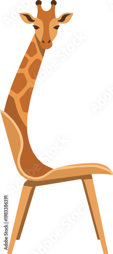 Whimsical and creative furniture design of a wooden chair shaped like a giraffe with a long neck backrest.