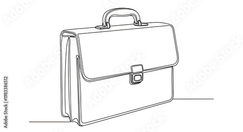 A minimalist, continuous line drawing of a classic briefcase with a latch and handle