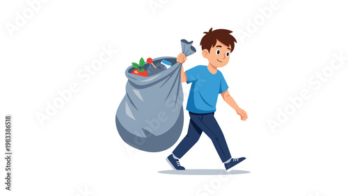 Smiling young boy diligently carries a large heavy grey bag filled with sorted household waste for recycling or disposal.