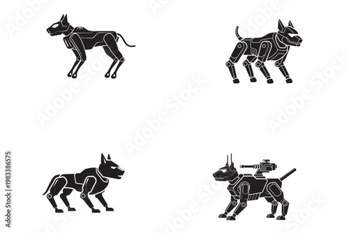 Silhouette icons of futuristic mechanical military robotic dogs with technological details.