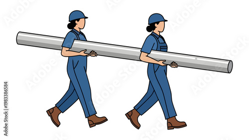 Cooperative Carry: Two diligent workers join forces, their teamwork evident as they bear a hefty metal pipe, embodying collaborative effort and shared responsibility.