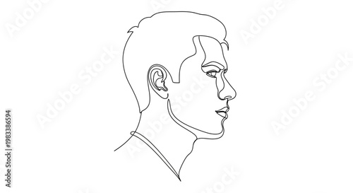 Minimalist line drawing of a man's profile with sharp features and styled hair