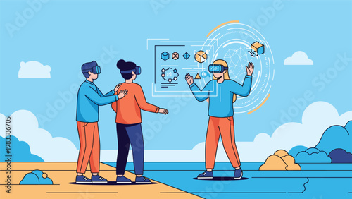 Group of individuals uses advanced VR technology to visualize and interact with complex data diagrams in an open outdoor setting.