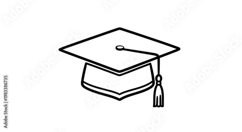 A simple black and white line drawing of a graduation cap with a tassel