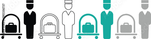 Bellhop character and luggage cart vector illustration set in various styles including solid outline and textured patterns.
