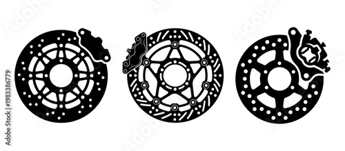 Set of three motorcycle brake disc rotors and calipers silhouettes; high performance ventilated brake system icons.