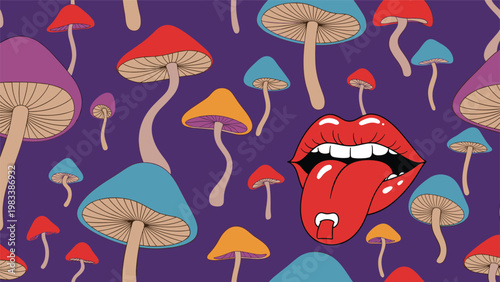Psychedelic trippy pattern includes colorful mushrooms and a mouth with a red tongue holding a small square pill or stamp.