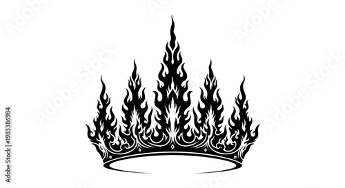 Monochromatic black flaming crown illustration symbol of dark power and royal authority isolated on white background.