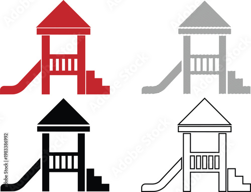 Children playground slide and play tower vector illustration in different visual styles for school and park design.