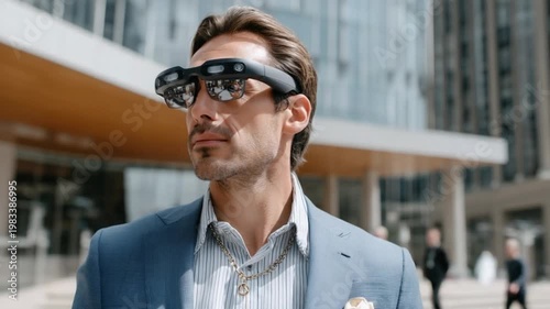 Tech Visionary: A stylish man, clad in modern attire, stylishly models the future of innovation: sleek augmented reality glasses, in a vibrant urban environment.