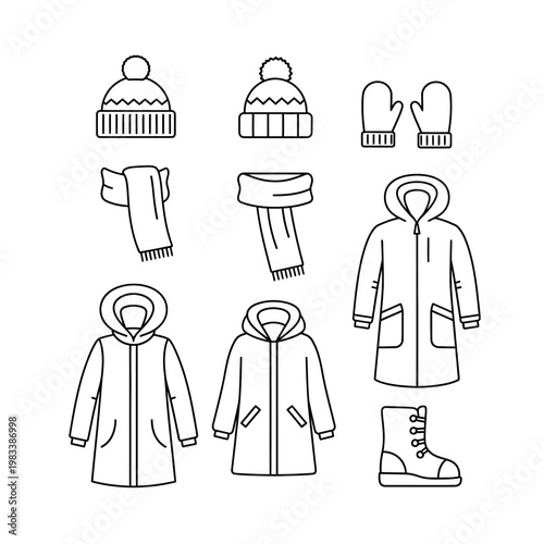 Winter clothing collection hats mittens scarves coats and boots