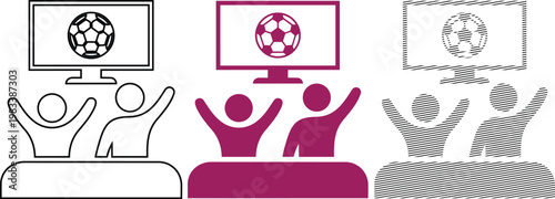 People watching soccer match on television vector illustration set with fans celebrating goal.