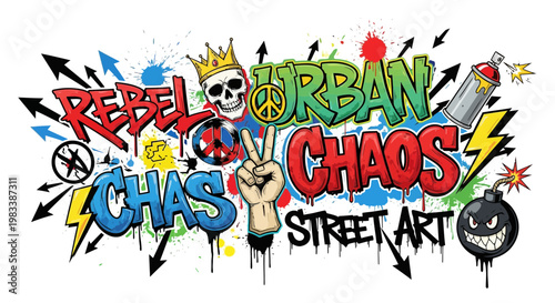 Vibrant Urban Graffiti Mural Featuring Skull, Spray Can, Peace Sign, and Rebel Typography on a White Background