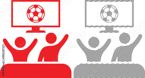 People watching soccer match on television vector illustration showing fans cheering in front of large screen.
