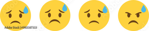 Cartoon Sad Emojis with Sweat Drops and Worried Expressions for Emotions and Reactions Designs