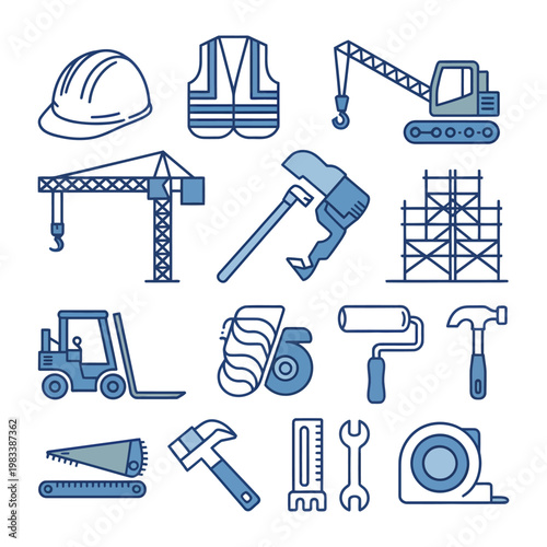 Construction Tools Illustration: A curated illustration of essential construction tools, including a hardhat, safety vest, crane, and various instruments.