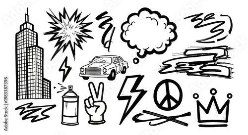 Hand-Drawn Black Ink Urban Graffiti Doodles and Street Art Elements Set Isolated on a White Background