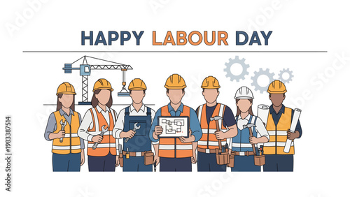Labour Day Celebration: A diverse group of construction workers stands together, celebrating Labour Day with smiles and camaraderie, a symbol of their dedication.