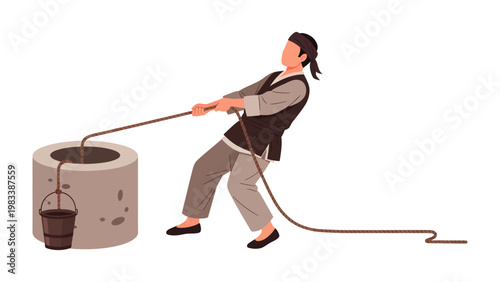 Hard Labor: A person diligently pulls a rope, drawing water from an old well, highlighting a scene of traditional work and rural life.