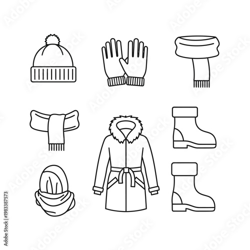 Winter clothing set graphic design elements for seasonal outerwear