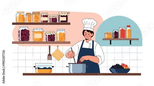 Professional female chef in a white uniform stirs a large pot in a kitchen filled with shelves of preserved fruit jars.