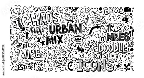 Urban Street Art Doodle Background with Chaos Vibes and Hand Drawn Icons in Black and White