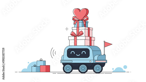 Friendly delivery robot carrying a tall stack of colorful gift boxes topped with a heart to celebrate special holidays and love.