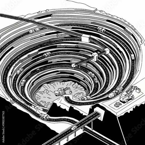 Aerial view of a massive open-pit mine with trucks and excavators working on spiral ramps.