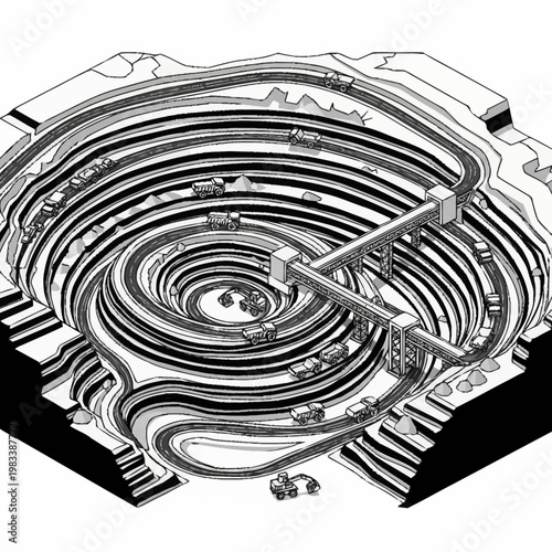 Aerial view of a large open-pit mine with trucks and heavy machinery operating on spiral ramps.