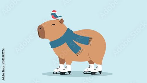 Cute capybara wearing a warm blue scarf and white ice skates with a small red bird on its head for a winter activity.