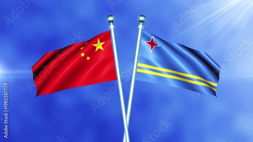 China and Aruba Flag Waving On Pole Loop