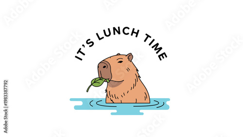 Capybara swimming in water and eating a green leaf with text saying its lunch time on a clean white background.