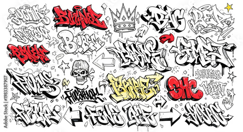 Large Collection of Urban Graffiti Tags Hand Drawn Letter Sketches and Street Art Symbols on White Background