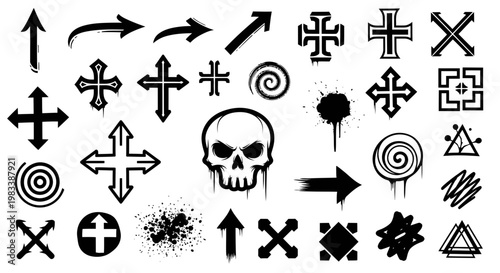 Set of grunge vector elements with skull, directional arrows, gothic crosses, and paint spray splatters in black and white.