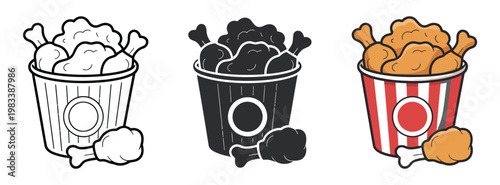Fried chicken bucket meal icon collection, line and solid glyph vector set for logo template, clipart and sticker style design, fast food menu and restaurant branding icons.