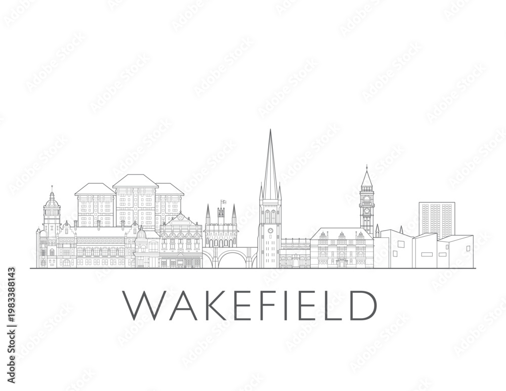 Fototapeta premium Wakefield skyline England. Urban cityscape with landmarks and monuments. Hand drawn line art digital skyline illustration.
