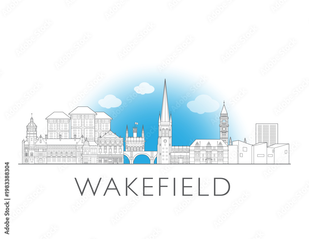 Naklejka premium Wakefield skyline England. Urban cityscape with landmarks and monuments. Hand drawn line art digital skyline illustration.